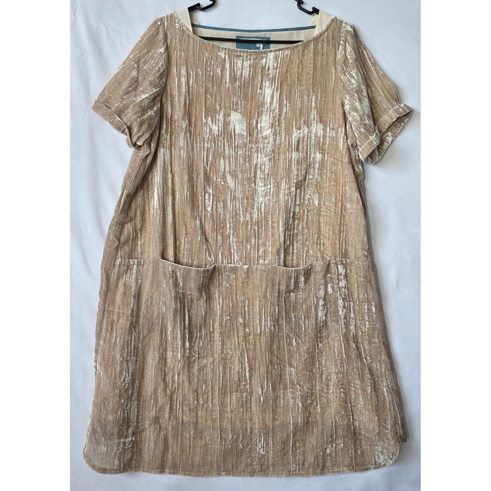 Anthropologie Floreat Champagne Crushed Velvet Shift Dress Pockets Tan Womens M